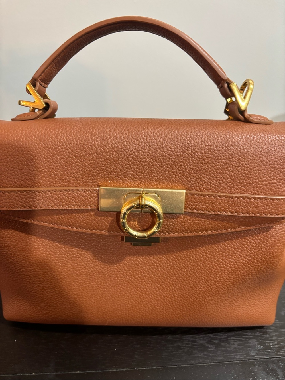 Pebbled Leather Top-Handle Crossbody in Cognac with Gold Hardware